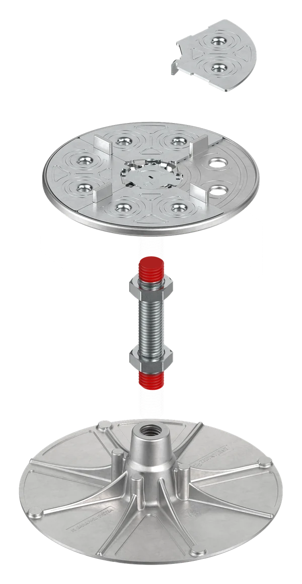 Exploded assembly showing the removable corner piece, locking head, threaded rod and ribbed base