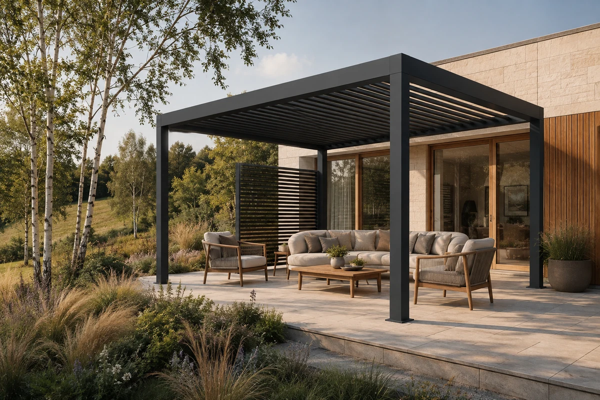 Generated concept of a dark louvred pergola beside a pale-stone and timber house in a planted garden