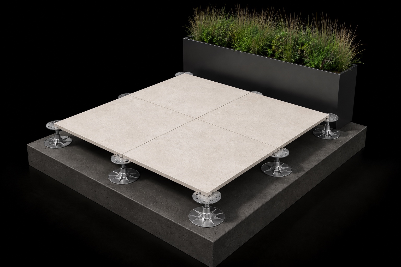 Illustrative porcelain terrace and planter, with metal pedestals at the exposed paving corners and joints