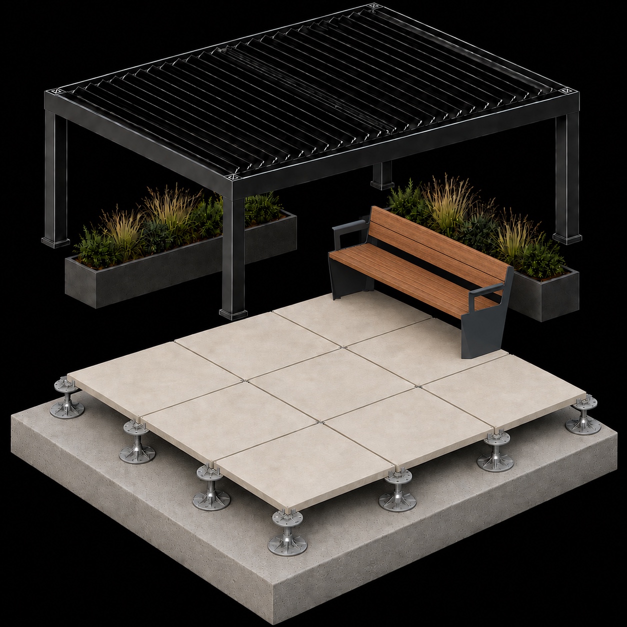 Exploded terrace illustration with small metal pedestals aligned to the porcelain corners and joints